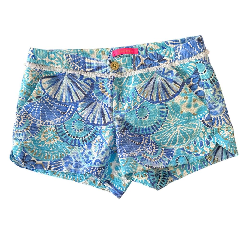 Lilly Pulitzer Adie Shorts Womens 4 Blue Half Shell Beach Resort Tropical Preppy